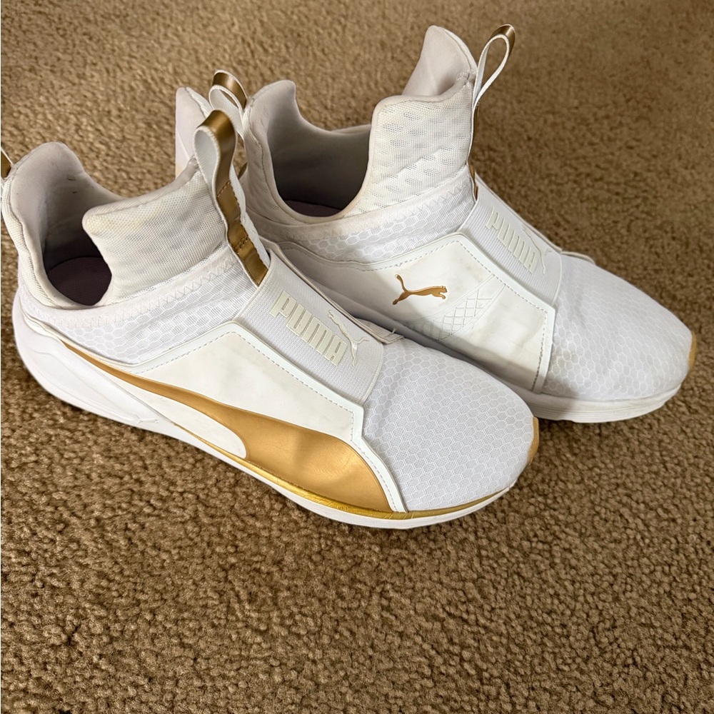 Puma Women's White and Gold Slip-On Sneakers